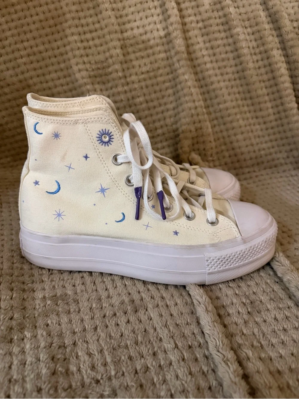 Converse High-Top Canvas Sneakers in Cream with Blue Star & Moon Print